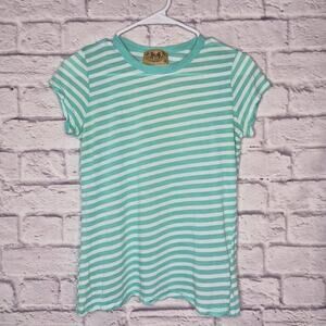 Vintage Juicy Couture Y2K Striped T-Shirt Teal White Gold Tag Made in USA Size M
